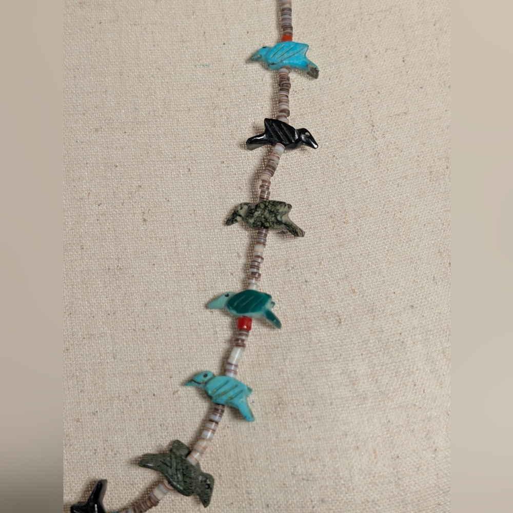 Vintage 19-Bird Fetish Necklace w. Turquoise and Heishi Beads 28" - Picture 4 of 8